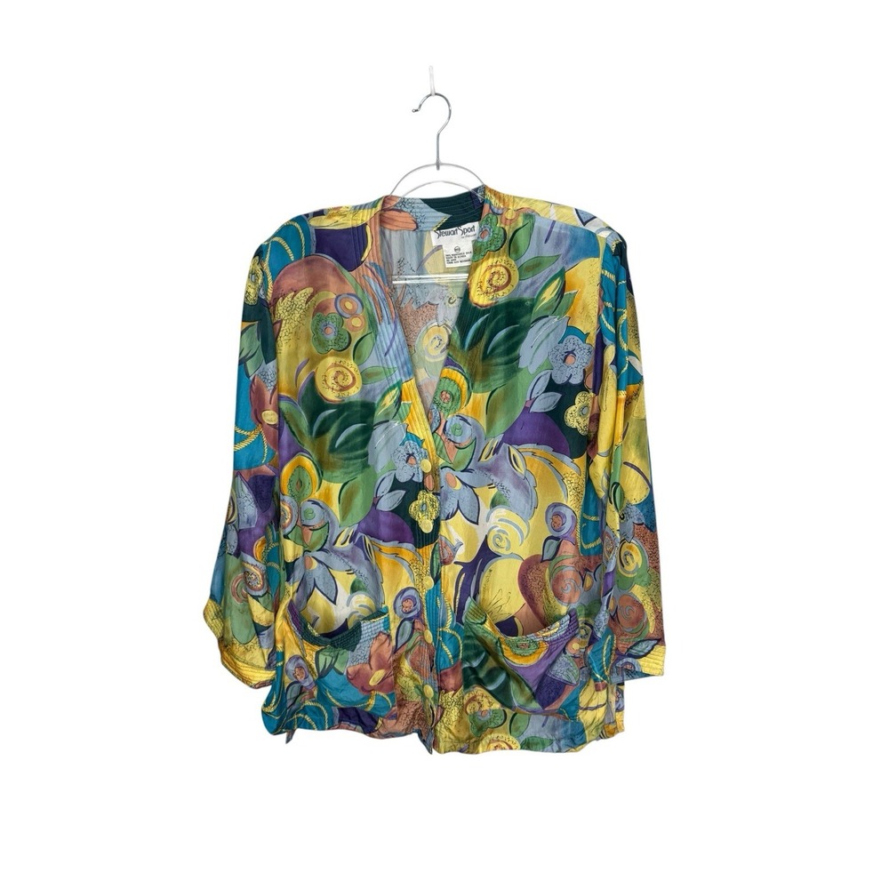 Vintage Stewart Sport Floral Washable Silk Shirt Jacket Button Up Pockets Size M